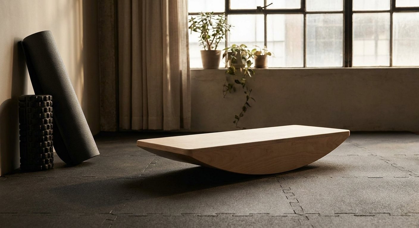 Balance board on a home gym floor with a yoga mat and foam roller