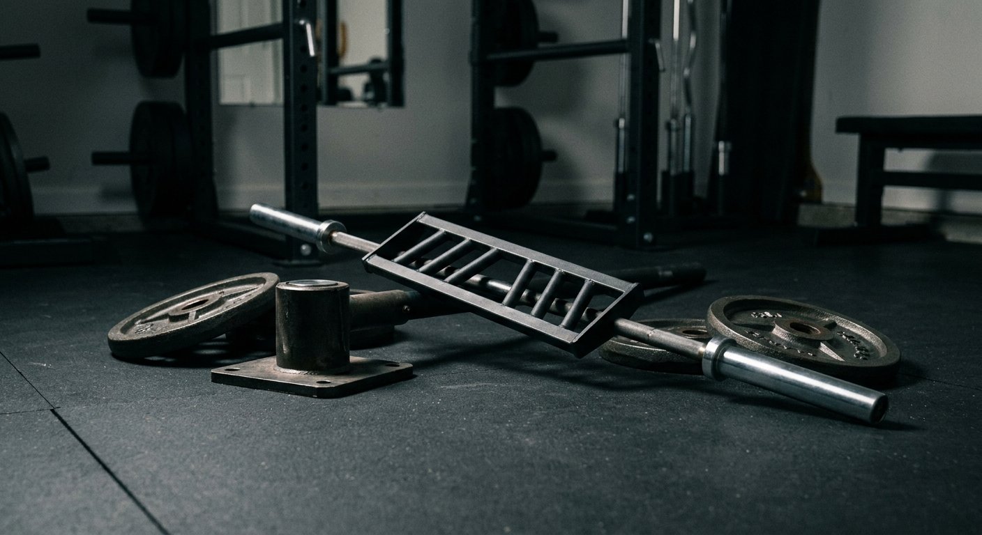 Barbell landmine attachment setup on a dark garage gym floor