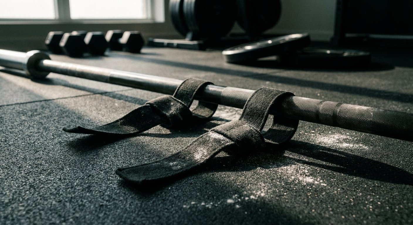 Lifting straps beside a barbell on a home gym floor