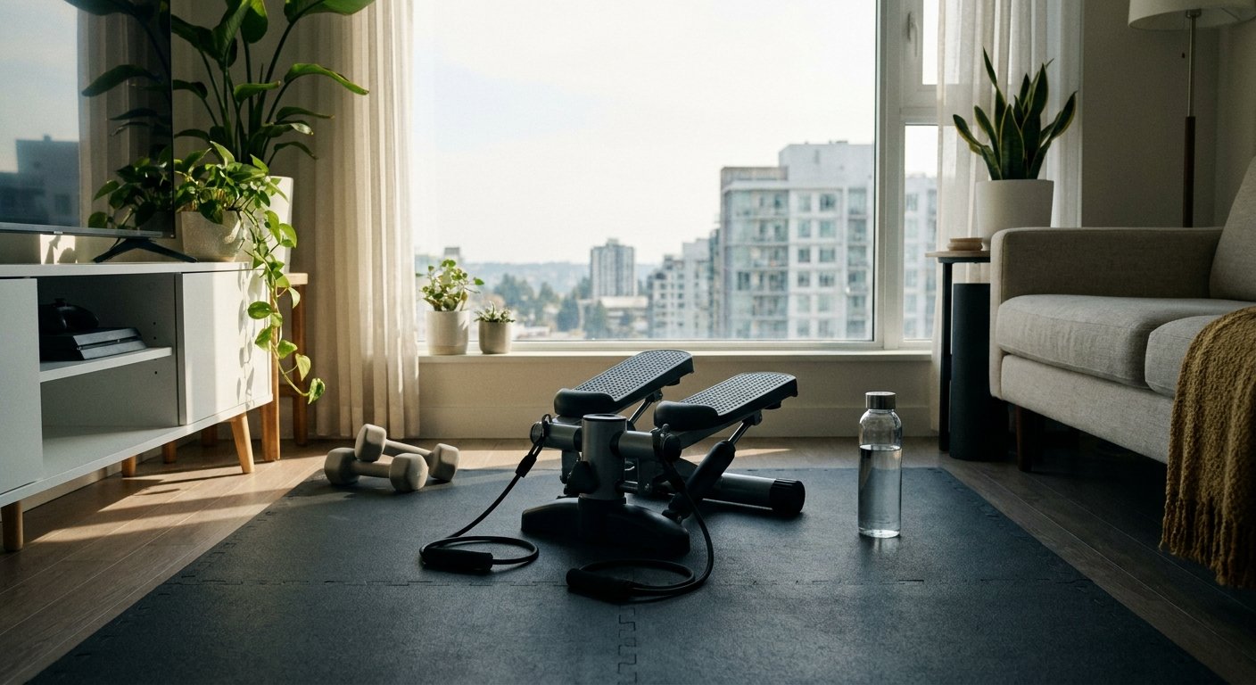 Compact mini stepper on a dark apartment workout mat