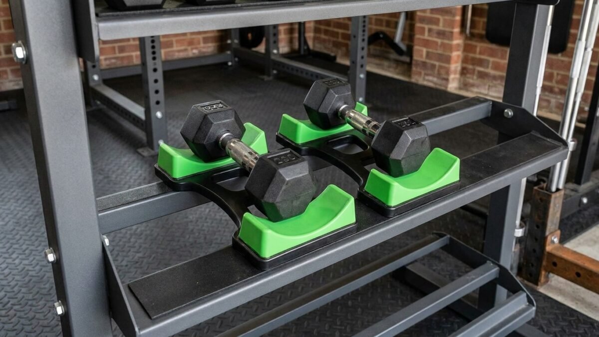 Best Dumbbell Handle Storage Trays for Home Gyms (2026) realistic product scene