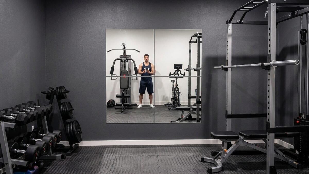 Best Home Gym Mirror Tiles for Form Checks (2026) realistic product scene