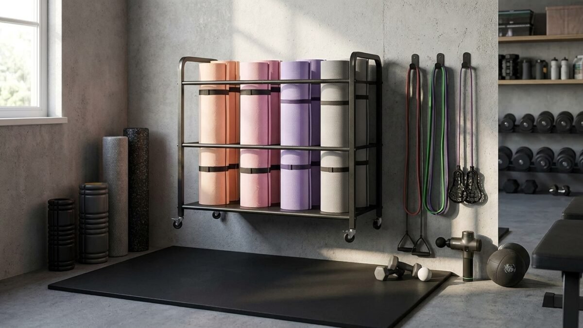 Best Wall-Mounted Yoga Mat Racks for Home Gyms (2026) realistic product scene